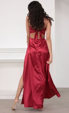 Gala Satin Maxi Dress in Red | LUCY IN THE SKY Satin Finish Maxi Dress For Prom, Prom Season Maxi Evening Dress With Tie Back, Prom Season Evening Dress With Tie Back, Satin Backless Maxi Dress For Night Out, Satin Maxi Dress With Side Slits For Evening, Satin Maxi Dress With Side Slits For Night Out, Formal Backless Satin Maxi Dress, Satin Finish Maxi Length Evening Dress For Night Out, Floor-length Tie Back Evening Dress For Prom