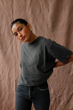 Richer Poorer relaxed short sleeve crop tee in amazing semi thick cotton. Pigment dyed, dropped shoulder seams. Oversized neck rib Brunette model 5'4" wearing a size S. Blonde model is 5'9", Wearing size S. 100% Cotton. Wash separately before wearing. Wash Cold, Hang to Dry. Do not bleach. PIPE AND ROW Casual Studio Photoshoot, Crop Tee Outfit, Richer Poorer, Capsule Wardrobe Essentials, Brunette Models, Blonde Model, Studio Photoshoot, Active Life, Tee Outfit