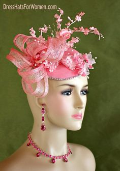 Women's Pink Coral Sinamay Straw Flower Large Sinamay Bow Fashion Designer Haute Couture Hat Headpiece Wedding Fascinator Hair Accessory. A Large Pink Sinamay Straw Bow Is Placed On A Simulated Pink Sinamay Straw Round Base, Accented With Custom Dyed Silk Flowers. A Row Of Acrylic Rhinestone Encircles The Base Of This Beautiful Headpiece. This Formal Art Deco Styled 1920's Style Flapper Hat Wedding Headpiece Can Be Worn In Different Positions. This ladies bespoke couture formal designer wedding Pink Feminine Fascinator For Wedding, Pink Wedding Fascinator Headband, Pink Headpieces For Royal Ascot Event, Elegant Pink Headpiece For Royal Ascot, Feminine Wedding Headpieces For Spring, Feminine Mini Hats For Weddings, Feminine Spring Wedding Headpiece, Pink Wedding Headband Costume Hat, Elegant Fitted Pink Headpiece