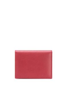 Red leather compact bifold wallet from COMME DES GARÇONS WALLET featuring note compartment, card slots, coin pocket and internal logo stamp. | Comme des Garcons Compact Bifold Wallet Red Rfid Blocking Card Holder For Business, Business Compact Card Holder With Coin Pocket, Compact Business Card Holder With Coin Pocket, Modern Red Card Holder With Card Slots, Red Business Wallet With Card Slots, Red Business Card Holder With Interior Slots, Red Trifold Wallet With Rfid Blocking For Formal Use, Red Rectangular Card Holder With Interior Slots, Classic Red Card Holder With Interior Slots