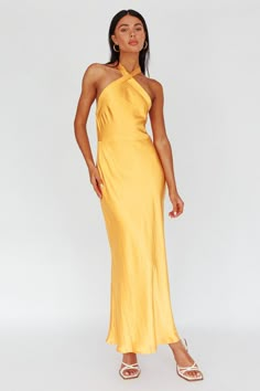 Italia Azure Crossover Halterneck Maxi Dress Sun Formal Beach Wedding Attire Guest, Yellow Wedding Guest Dress, Orange Bridesmaid Dress, Silk Bridesmaid Dress, Yellow Halter Dress, Orange Satin Dress, Azure Dress, Spring Formal Dresses, Satin Halter Dress