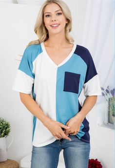 V-neck color block oversized pocket top- ivory-niagra-navy Bartender Shirts, Black And White Tees, Sheer Shorts, Orange T Shirts, White Crew Neck, Color Block Top, Round Neck Tees, Embroidered Shorts, Short Sleeve Pullover