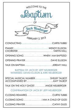 lds baptism program - My 8 year old is 8 1/2 and hasn't been baptised yet because we keep losing the paper that tells what you're supposed to include in the program. True story. Lds Baptism Program Template Free, Free Printable Graduation Invitations, Graduation Invitation Wording, Happy Birthday B