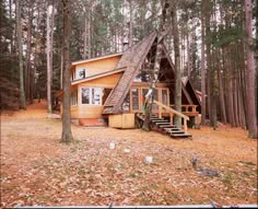 a cabin in the woods with stairs leading up to it