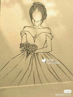 a drawing of a woman in a wedding dress holding a bouquet of flowers and wearing a tiara