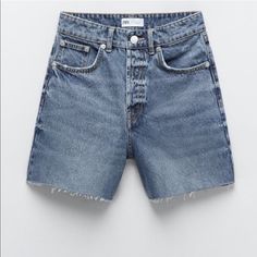 Zara Denim Shorts Zara Summer Jeans With Five Pockets, Zara Jeans For Summer, Summer Jean Shorts Dark Wash With Five Pockets, Summer Dark Wash Jean Shorts With Five Pockets, High Rise Denim Blue Shorts With Five Pockets, Dark Wash Jean Shorts With Five Pockets For Summer, Medium Wash Jean Shorts With Five Pockets For Spring, Zara Straight Leg Washed Blue Bottoms, High Rise Denim Jean Shorts With Five Pockets