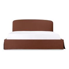 a bed with a brown headboard and white sheets on top of it, against a white background