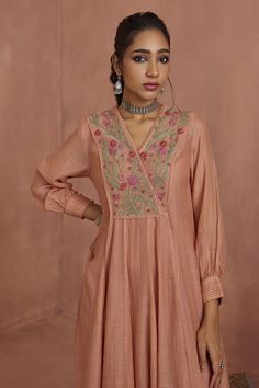 Pink tunic featuring a V neckline, full sleeves, and hand embroidered yoke with striped pattern. Comes with a matching cotton slip for added comfort., Fit: Relaxed Angrakha Style, Western Dresses For Women, Pink Tunic, Striped Tunic, Cotton Slip, Hand Embroidery Design, Tunic Length, Western Dresses, Full Sleeves