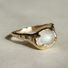 Moonstone and Diamond Ring, 14k Gold | From Isla Jewelry Moonstone Gold Ring, Star Wedding Ring, Star Engagement Ring, Flush Set Diamond, Moonstone Engagement Ring Set, Constellation Ring, Future Engagement Rings, Moonstone Engagement Ring, American Wedding