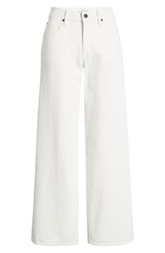 Relaxed yet dramatic, these white-washed jeans are cut from nonstretch organic-cotton denim in Los Angeles with a slouchy waist and full-length wide legs. 29 1/2" inseam; 22" leg opening; 10 1/2" front rise; 15" back rise (size 29) Zip fly with button closure Five-pocket style 100% organic cotton Machine wash, tumble dry Made in the USA of imported materials White Jeans High Waisted, Mom Jeans No Holes, White Jeans Target, Basic Bottoms For Women, Cute White Pants, Wide Cut Jeans, White Bottoms Outfit, Wide White Jeans, White Jeans Aesthetic