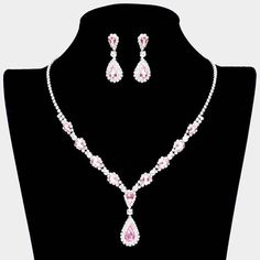 Pink Teardrop Stone Accented Rhinestone Silver Necklace Set Pink Necklace Jewelry, Necklace Png, Necklace Korean, Silver Necklace Set, Purple Necklace, Pink Necklace, Necklace And Earring Set, Glass Crystal, Pierced Earrings