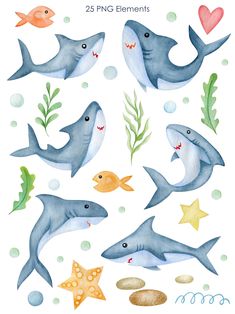 watercolor shark clipart set with fish, starfish and other sea creatures on white background