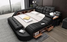 a bed that is in the middle of a room with lots of furniture on it