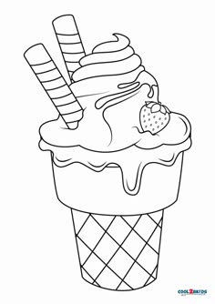 an ice cream sundae with candy canes and strawberries in it coloring page