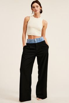 Introducing our one-of-a-kind Billie Trousers, where casual meets dressy in perfect harmony.These trouser pants are designed with a unique Peek-a-boo denim wash waistband that adds a playful twist to the sophisticated pinstripe pattern. Complete with functioning front pockets and belt loops on both the denim and pants, they seamlessly blend style and practicality. Fabric & fit: SELF: 69% POLYESTER 29% RAYON 2% SPANDEXCONTRAST: 100% COTTONModel is wearing size Small. Facebook Black, Pinstripe Pattern, Perfect Harmony, Swimwear Sale, Peek A Boo, Trouser Pants, Denim Wash, Trousers, Twist