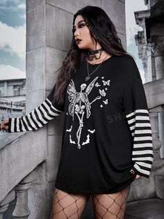 Introduce an edgy and unique vibe to your wardrobe with our Punk Chic: Skeleton Butterfly Print Drop Shoulder Tee. Featuring a bold and intricate print, this tee is perfect for those looking to make a statement. The drop shoulder design adds a touch of effortless coolness to this must-have piece. Now available for all fashion-forward individuals. Color : Black Style : Casual Pattern Type : Halloween Pattern Type : Striped Neckline : Round Neck Sleeve Length : Long Sleeve Sleeve Type : Drop Shoulder Length : Long Fit Type : Oversized Fabric : Slight Stretch Material : Knitted Fabric Composition : 62% Polyester Composition : 34% Cotton Composition : 4% Elastane Care Instructions : Machine wash or professional dry clean Sheer : No Size US Bicep Length Bust Cuff Length Shoulder Sleeve Length W Gothic Skull Print T-shirt For Fall, Oversized Skull Print T-shirt For Fall, Gothic Long Sleeve T-shirt For Fall, Halloween Concert Long Sleeve Tops, Long Sleeve Tops For Halloween Concert, Edgy Halloween Graphic Print Tops, Emo Graphic Print Tops For Fall, Casual Tops For Halloween Alternative Fashion, Casual Tops For Halloween