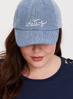 A casual denim hat has matching embroidery for a cool look that has goes-with-everything appeal. 'Whatevs' embroidery. Adjustable tab back. 24” inner circumference. Cotton/polyester/rayon. Imported plus size hats. The best plus size women's denim 'whatevs' baseball cap caps in blue. Trendy Cotton Dad Hat With Visor, Casual Brimmed Baseball Cap With Letter Print, Adjustable Trendy Cotton Baseball Cap, Denim Snapback Baseball Cap For Spring, Adjustable Denim Visor Hat, Denim Curved Bill Hats For Spring, Trendy Blue Hats With Embroidered Logo, Trendy Cotton Hat For Spring, Trendy Denim Snapback Baseball Cap