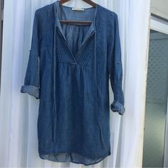 Very Stylish Lightweight Denim Dress. Can Also Be Worn As A Tunic. Never Worn. Sleeves Can Be Rolled Up To A Mid-Elbow Button. Super Cute! Bohemian Long Sleeve Denim Top For Summer, Medium Wash Denim Dress For Vacation, Casual Dark Wash Denim Dress For Brunch, Bohemian Long Sleeve Denim Dress For Spring, Spring Denim Blue Top For The Beach, Spring Beach Denim Blue Top, Long Sleeve Medium Wash Denim Top For Summer, Medium Wash Long Sleeve Denim Top For Summer, Fitted Medium Wash Denim Dress For Vacation