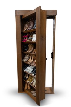 an open wooden shoe cabinet with many pairs of shoes