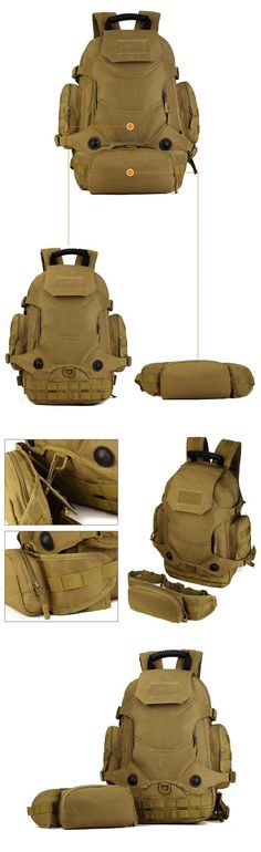 several different views of the back and side of an army bag with multiple compartments on each side