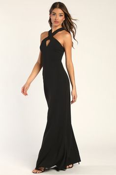 Any special occasion will be that much more memorable when you are wearing the Lulus Keep You Enchanted Black Cutout Halter Mermaid Maxi Dress! Stretchy techno crepe knit shapes this elegant-yet-sexy dress that features wide straps that crisscross at the front and back, creating a halter-inspired neckline and a flirty keyhole cutout atop a princess-seamed bodice. The high-fitted waist tops a figure-flaunting skirt that boasts a mermaid silhouette before falling to a maxi hemline. Hidden back ... Black Halter Maxi Dress, Mermaid Maxi Dress, Black Bridesmaids, Cutout Maxi Dress, Black Halter Dress, Formal Dresses Gowns, Mermaid Silhouette, Black Halter, Gala Dresses