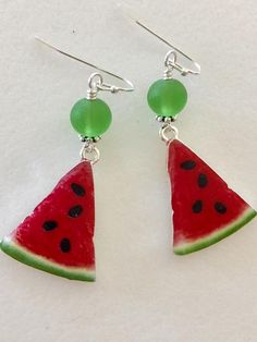 Watermelon Earrings, Red Enamel Watermelon Charm, Lampwork Earrings, Summer Earrings, Foodie, Picnic Whimsical Nickel-free Summer Earrings, Playful Summer Dangle Jewelry, Whimsical Nickel-free Earrings For Summer, Fun Red Resin Earrings, Red Resin Novelty Earrings, Resin Jewelry For Summer Gifts, Fun Style Red Resin Earrings, Green Teardrop Jewelry For Summer, Red Resin Novelty Jewelry