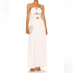 A.L.C. Kai Beaded Cut Out Halter Neck Tiered Maxi Dress **Brand New Without Tags** Please Note, This Dress Does Not Include The Beads Shown In The Picture With Model. 100% Poly Made In China Spot Clean Fully Lined Color: Glace Size: 4 White Feminine Maxi Dress For Evening, White Feminine Evening Maxi Dress, Feminine White Evening Maxi Dress, Chic White Maxi Dress For Evening, Elegant Cutout Maxi Dress For Brunch, White Summer Cocktail Maxi Dress, Chic White Maxi Dress, White Cutout Beach Dress, White Cutout Maxi Dress For Vacation