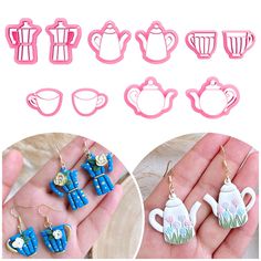 several images of teapots, cups and spoons in the shape of earrings