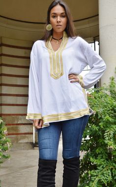 ooooooooooooº© Handmade White Tunic- Mariam Style This is a vintage Moroccan Tunic Shirt, ideal for any casual wear. With a unique embroidery pattern and Moroccan buttons, this tunic shirt will surely be a wonderful one off item! Wear it with caual jeans, or black trousers and you will be sure to create a bohemian chic impact to everyone. Enjoy the Winter Look with our beautiful tunics. We have sizes: S/M/ /L/XL ♥ ♥Maison Marrakech Size Chart (all sizes in inches) ♥ ♥ ♥ ♥ Sizing Guide Small Medi White Casual Festival Cover-up, Casual White Tunic Cover-up, Casual White Kaftan For Beach Cover-up, Casual White Long Sleeve Kaftan, White Beach Cover-up Top, White Beachwear Top For Beach Cover-up, Beachwear Tunic Tops For Beach, Traditional Long Sleeve Tops For Beach, Traditional White Summer Tunic