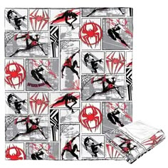 the amazing spider - man sheet set is shown with red and black images on it