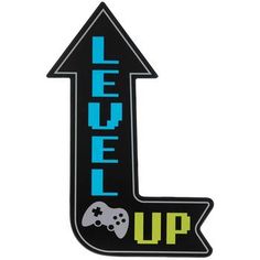 a sticker with the words level up and a video game controller in front of it