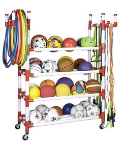 a rack filled with lots of different colored balls