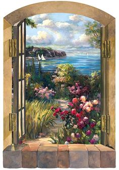 an open window with a view of the ocean and flowers on it's side