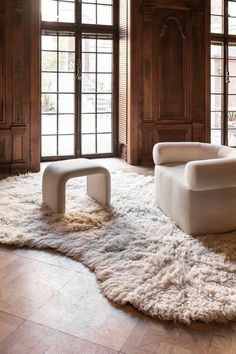 a living room with two chairs and a rug on the floor in front of large windows