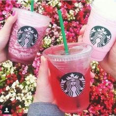 two people holding up starbucks drinks in front of some pink and white flowers with green straws