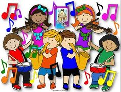 a group of children with musical instruments and music notes