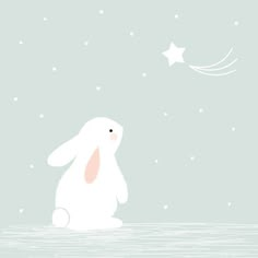 a white rabbit sitting on top of a body of water next to a star filled sky