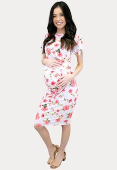 Size: 1 Maternity Short Sleeve Ruched Dress, Maternity Ruched Dress With Short Sleeves, Fitted Midi Dress For Maternity Wear In Spring, Spring Maternity Wear Ruched Dresses, Pink Stretch Maternity Dress, Fitted Pink Maternity Dress In Feminine Style, Feminine Fitted Pink Maternity Dress, Fitted Pink Feminine Maternity Dress, Pink Fitted Maternity Dress