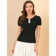 Elegant and feminine, this pretty blouse features an elastic cuff, a Peter Pan collar, and beautiful neckline decor, which is designed for your fashion look. The Peter Pan collar is designed with an elegant collar style, which is perfect for a feminine and girly style. This blouse is suitable for any occasion, like dating, work, office, or casual, and brings you a summer sense. The model is wearing an X-Small: Height: 5'7", Chest: 32 1/4 inches, Waist: 24 3/8 inches, Hip: 33 7/8 inches, Weight: Elegant Fitted Top With Elastic Neckline, Elegant Fitted Tops With Elastic Neckline, Black Fitted Top With Peter Pan Collar, Elegant Solid Top With Peter Pan Collar, Elegant Solid Color Top With Peter Pan Collar, Elegant Solid Tops With Peter Pan Collar, Chic Fitted Top With Doll Collar, Elegant Solid Color Tops With Peter Pan Collar, Fitted Blouse With Elastic Neckline