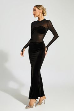 The Nydia Black Mesh Velvet Maxi Dress is a stunning addition to your wardrobe. Combining black mesh and velvet, this long-sleeved dress exudes elegance and allure. Perfect for autumn and winter, this bodycon dress enhances your curves while making you feel confident and sexy.  Dress Length: Approx 144cm Materials: Polyester Gentle Dry Clean Only  The model is 5 ft 7 and wears size S  Color may vary due to lighting on images. The product images (without a model) are closest to the true color of the product.  Item runs true to size chart and is cut to suit our size chart. Please refer to our size chart for the best fit. Do not size up or down. Sheer Long Sleeve Mesh Dress, Stretch Mesh Long Sleeve Cocktail Dress, Stretch Mesh Long Sleeve Dress For Cocktail, Stretch Mesh Dress With Long Sleeves For Cocktail, Stretch Long Sleeve Mesh Dress For Cocktail, Elegant Long Sleeve Mesh Dress With Sheer Sleeves, Long Sleeve Velvet Evening Dress For Fall, Evening Long Sleeve Velvet Dress For Fall, Fall Evening Velvet Long Sleeve Dress