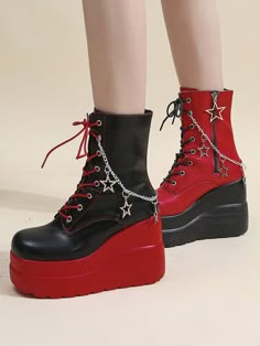 2024 Autumn and Spring New Punk Style Starry Sky Ankle Boots - Red and Black Punk Band Outfits, Red Tomboy Outfits, Punk Clothing Style, Classic Punk Fashion, Gothic Shoes Heels, Colorful Punk Outfits, Red Punk Aesthetic, Red Punk Outfits, Clown Boots