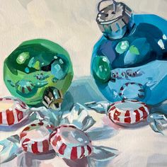 an oil painting of two blue and green vases with candy canes on the ground