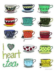 many different colored cups and saucers with the words i heart tea on them