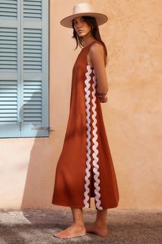 Margot Dress In Copper Ric Rac – Mister Zimi Textured Fabric Dress, Mister Zimi, Trims Fashion, Dress Design Ideas, Sets Summer, Ric Rac, Dress Silhouette, Midi Maxi Dress, Kurta Designs