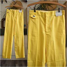 70s Izod Lacoste deadstock bright lemon yellow straight leg // bootcut trousers/slacks/pants. Lightweight cotton blend, permanent crease. 5 pocket design, zipper fly and flat front for a nice clean slim silhouette. These are perfect, mod, retro, preppy. Wear to the golf course, tennis club, yacht club, or literally anywhere people go and want to look AMAZING.  Waist 29" Rise 11.5" Hips 40" Inseam 32" Yellow Straight Leg Pants For Workwear, Vintage Wide Leg Yellow Pants, Vintage Yellow Wide-leg Bottoms, Vintage Wide Leg Yellow Bottoms, Retro Spring Workwear Bottoms, Retro Summer Workwear Pants, Classic Yellow Bottoms For Summer, Retro Club, Retro Tennis