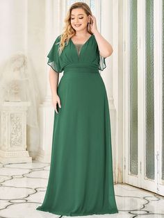 Empire Waist Maxi Chiffon Ruffle Sleeve Evening Dress for Women - Ever-Pretty US Chiffon V-neck Evening Dress For Banquet, Chiffon V-neck Evening Dress For Prom, V-neck Chiffon Evening Dress For Banquet, Chiffon V-neck Evening Dress For Prom Season, Elegant Green Chiffon Prom Dress, Flowy Evening Bridesmaid Dress For Prom Season, Flowy V-neck Bridesmaid Dress For Evening, Elegant Flowy V-neck Bridesmaid Dress, Flowy Bridesmaid Dress For Prom Season Evening