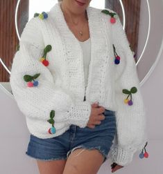 Knitted Cardigan, Handmade Women's Gift, Cherry Cardigan for Women, White Jacket, 3D Design Colorful Cherry Embroidered Soft Cardigan by HeyCKnittingBoutique on Etsy Cute White V-neck Outerwear, White Winter Sweater With Floral Embroidery, White Floral Embroidery Sweater For Winter, White Floral Embroidery Winter Sweater, Cute White Winter Cardigan, White Knit Cardigan For Spring, Cute White Knit Cardigan, Cute White Knitted Outerwear, White Embroidered Knit Sweater