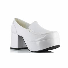 This is a listing for a new pair of 3" White Patent Platform Shoes.  These are a comfortable pair of costume shoes that will add the extra wow factor to any costume idea that you have in mind - PeeWee Herman, Pimp Daddy, Disco Dancer....  They are made by 1031 and the style name is 312-Daddio.  Available colors: Black, Gold, White Available sizes: US man's sizes 8/9, 10/11, 12/13.  The sizing for these shoes runs in doubles, however don't be scared off by that.  Choose your regular size and they White Platform Loafers, Decades Costumes, Mens Platform Shoes, Patent Leather Loafers, Costume Shoes, White Platform, Platform Loafers, Loafers Style