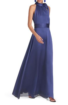 A satin tie at the neck and a pleated waist elevate the elegance of a flowy formal gown you'll feel gorgeous in at your next event. 57" center front length (size 8) Hidden side-zip closure Ties at neck Halter neck Sleeveless, with cutaway shoulders Lined 100% polyester Dry clean Imported Asian Owned/Founded Classy Formal Dresses, High Neck Dress Formal, Black Tie Event Dresses, Mother Of The Bride Dresses Long, Mother Of Groom Dresses, Halter Gown, Maxi Sundress, Cutout Maxi Dress, Mob Dresses