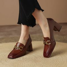 Step into style with our women's loafers with heels. These shoes are perfect for work or play. and they'll keep you looking sharp all day long. The cognac-colored leather is rich and luxurious. and the square toe gives them a classic look. The gold metal detailing adds a touch of sophistication. and the low heel makes them comfortable to wear all day long. Whether you're headed to the office or out on the town. these loafers will have you looking your best. Upper: Lambskin Lining: Leather Outsol Loafers With Heels, Womens Heeled Loafers, Elegant Sneakers, High Heel Loafers, Loafer Heels, Shop Shoe, Womens Loafers, Heel Loafers, Block Heel Loafers